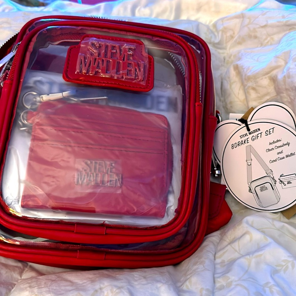 Steve Madden Clear Bdrake RED Stadium Crossbody Bag Card Case Zip Wallet